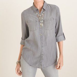 Chico's Gray Wash Button Down Lyocell Roll Tab Sleeve Shirt size 2